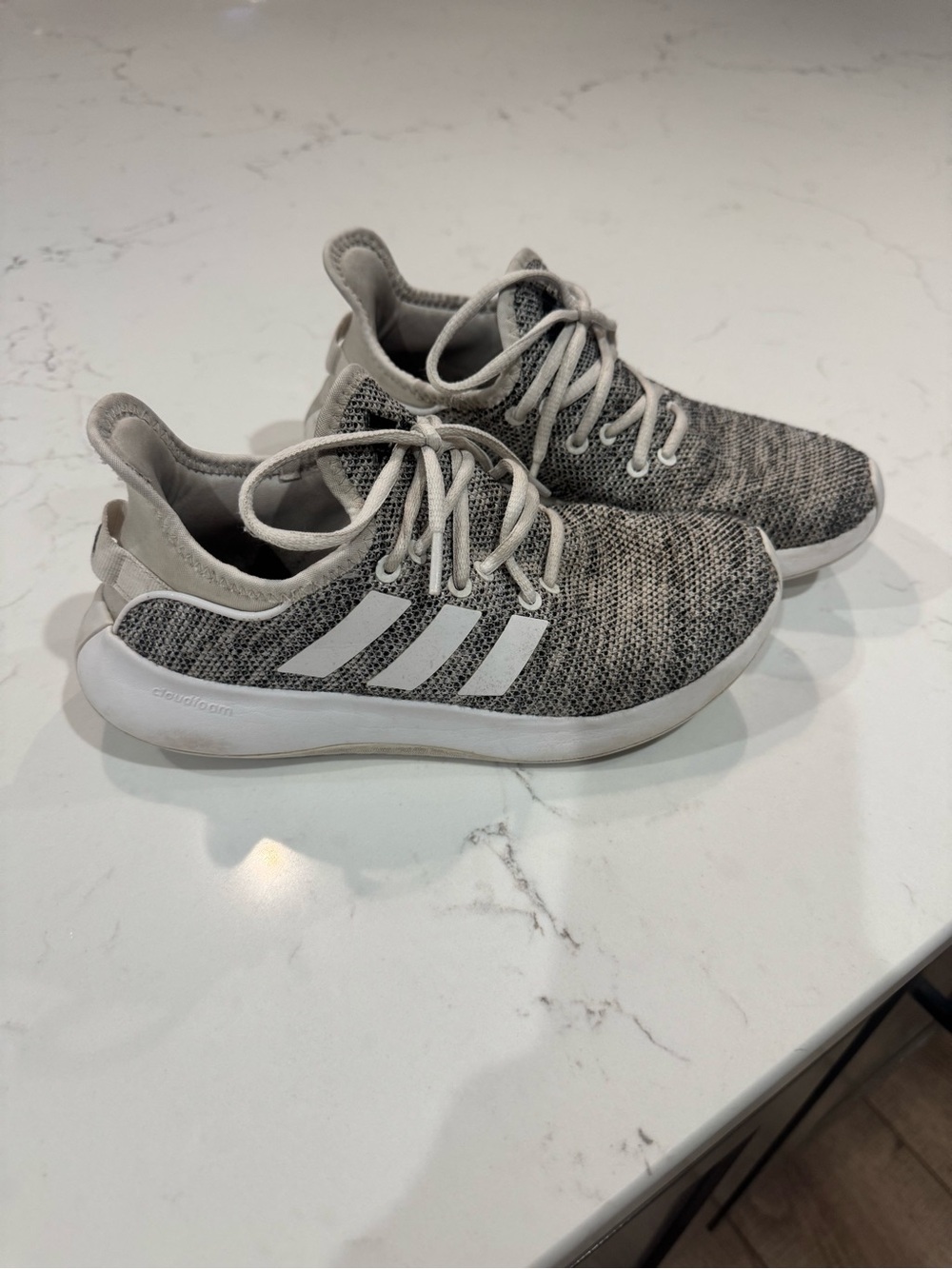 adidas Kids Gray Knit Sneakers with White Stripes